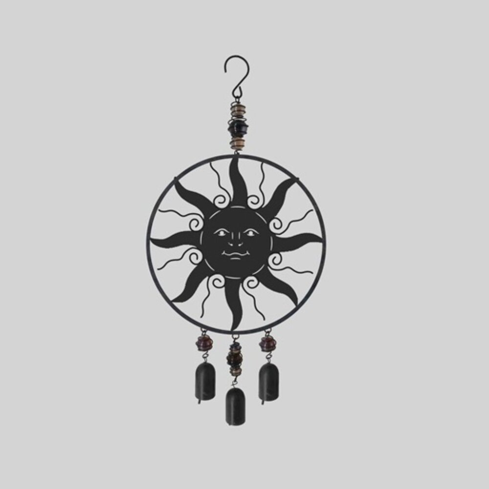 Celestial Sun Wind Chime Black Sheet Metal 8" wide with Three Camel Bells 79467